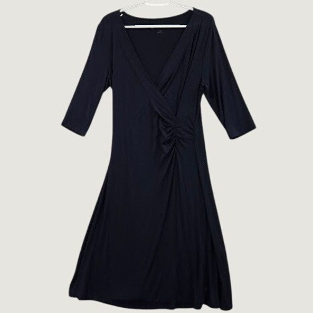 Soft Surroundings Midi Dress Small Navy Blue 3/4 Sleeve Faux Wrap Ruching **READ